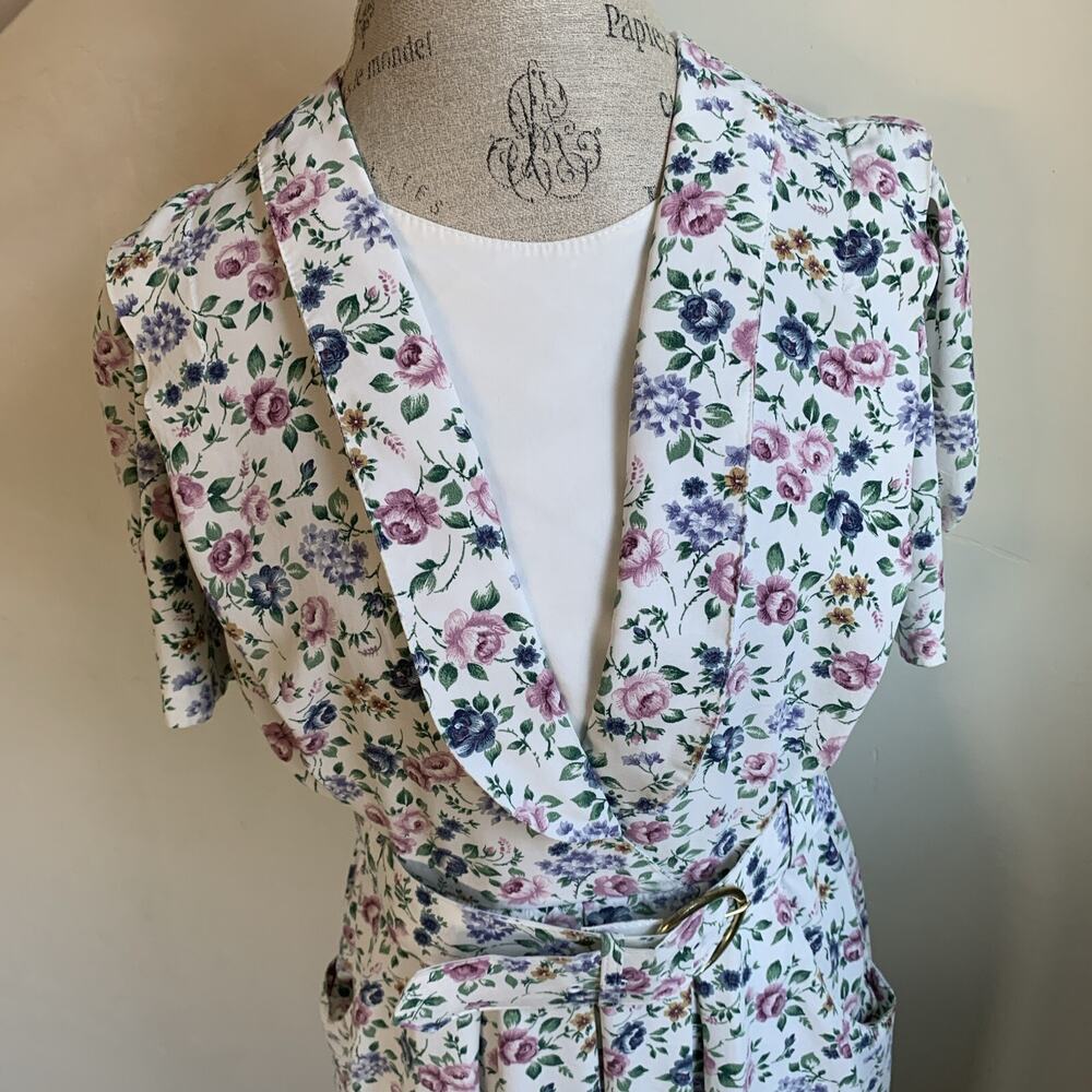 Vintage Periwinkle Floral Midi Dress Womens A-Line Puff Sleeve Belt Cottagecore - Picture 11 of 12